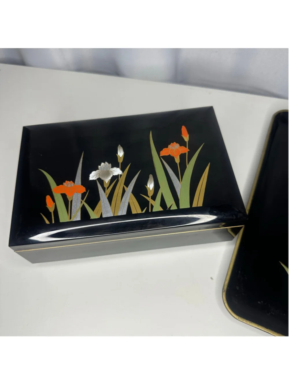 Vintage Otagiri Japan Black Lacquerware Iris Floral Serving Tray & Jewelry Box